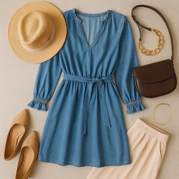 Cloth & Stone Denim Dress Belted Chambray Boho Minimalist Coastal Casual M - Picture 4 of 11